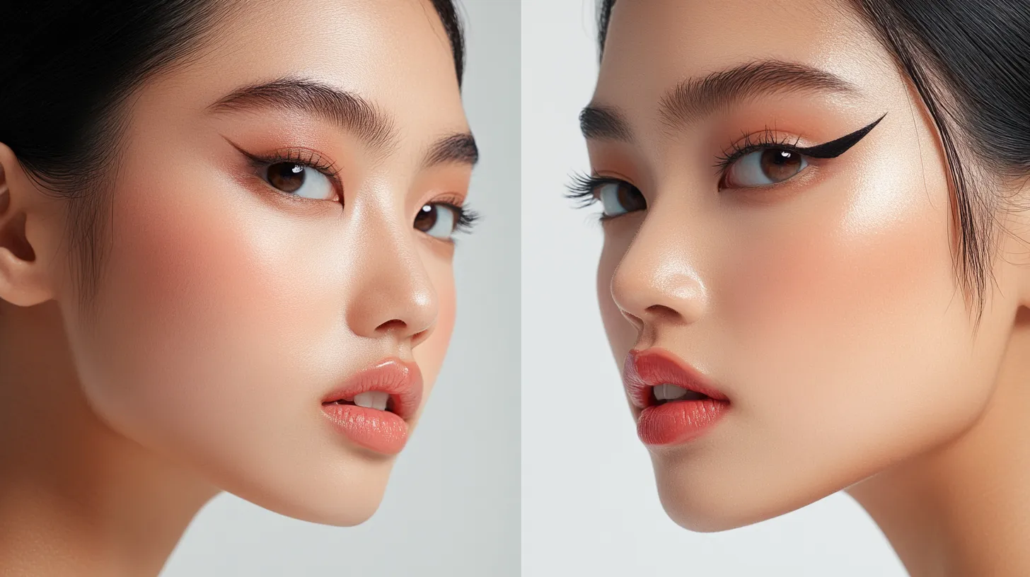 Split portrait before after of monolid eye liner that opens up the eye shape with floating line and wing technique