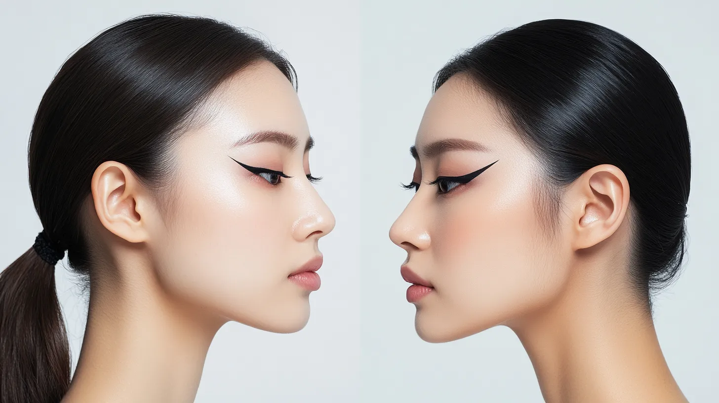 Editorial before and after showing monolid eyes without and with eyeliner look that actually opens them up