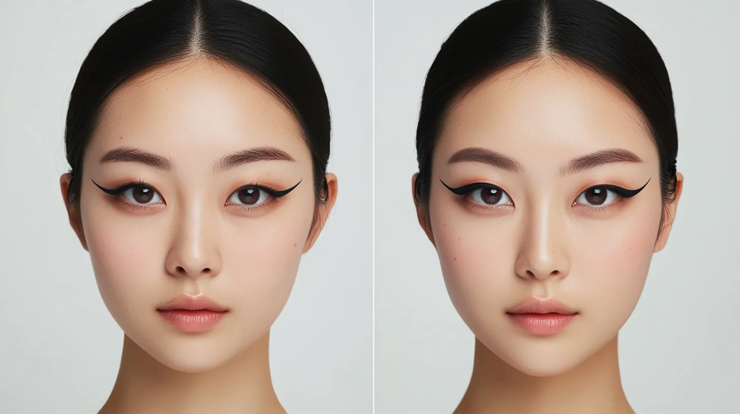 Side by side comparison of monolid eyes before and after eyeliner technique that lifts and opens the eye shape