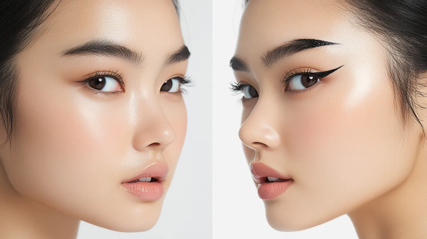 Before and after of eyeliner on monolid eyes showing how floating liner actually opens them up dramatically