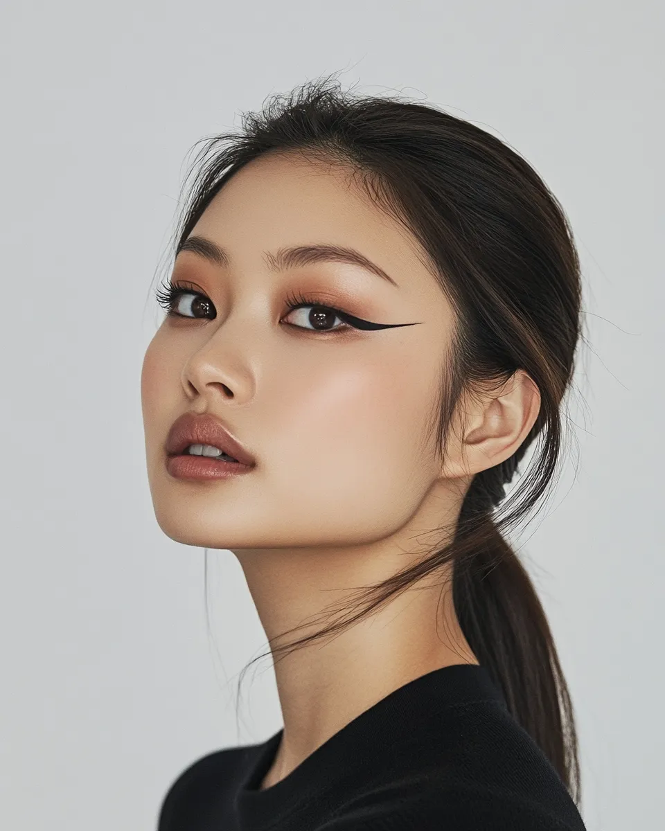 Editorial portrait of monolid eye makeup with liner applied to actually open up and lift the eye shape