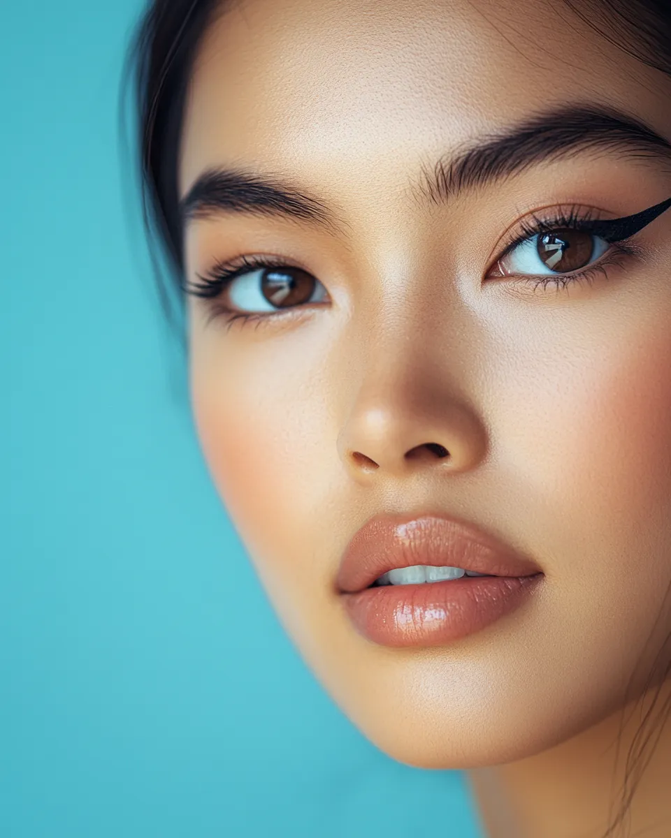 Editorial portrait with monolid eye extended wing liner technique that opens the eye up visibly from the front