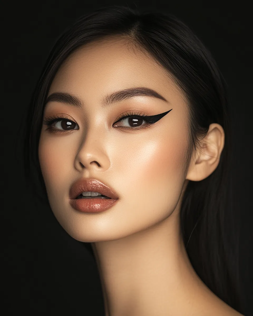 Woman with monolid eyes wearing graphic extended wing eyeliner look designed to open up and lift the eye shape