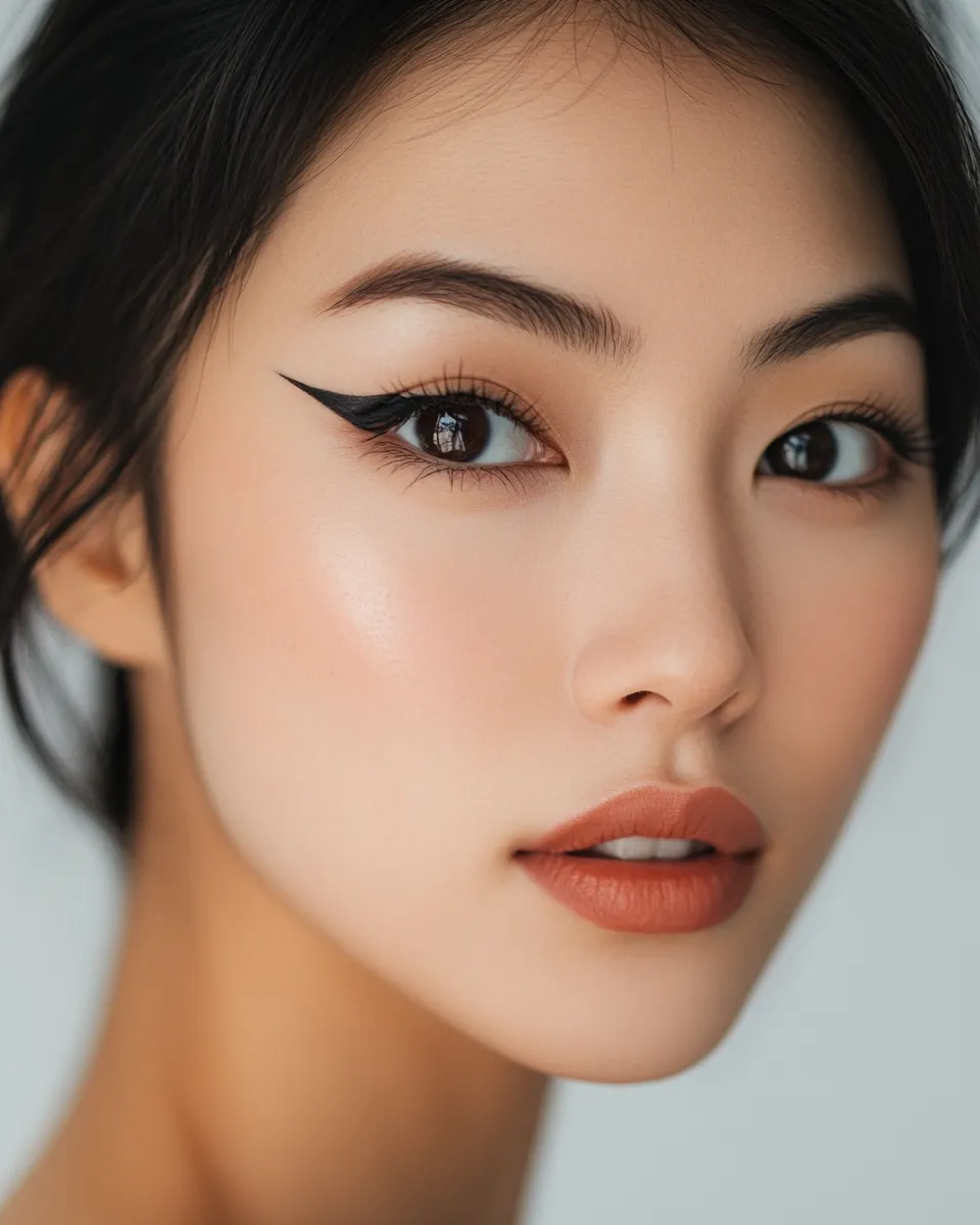 Southeast Asian woman with monolid eyes and extended wing eyeliner that opens them up with steep upward angle