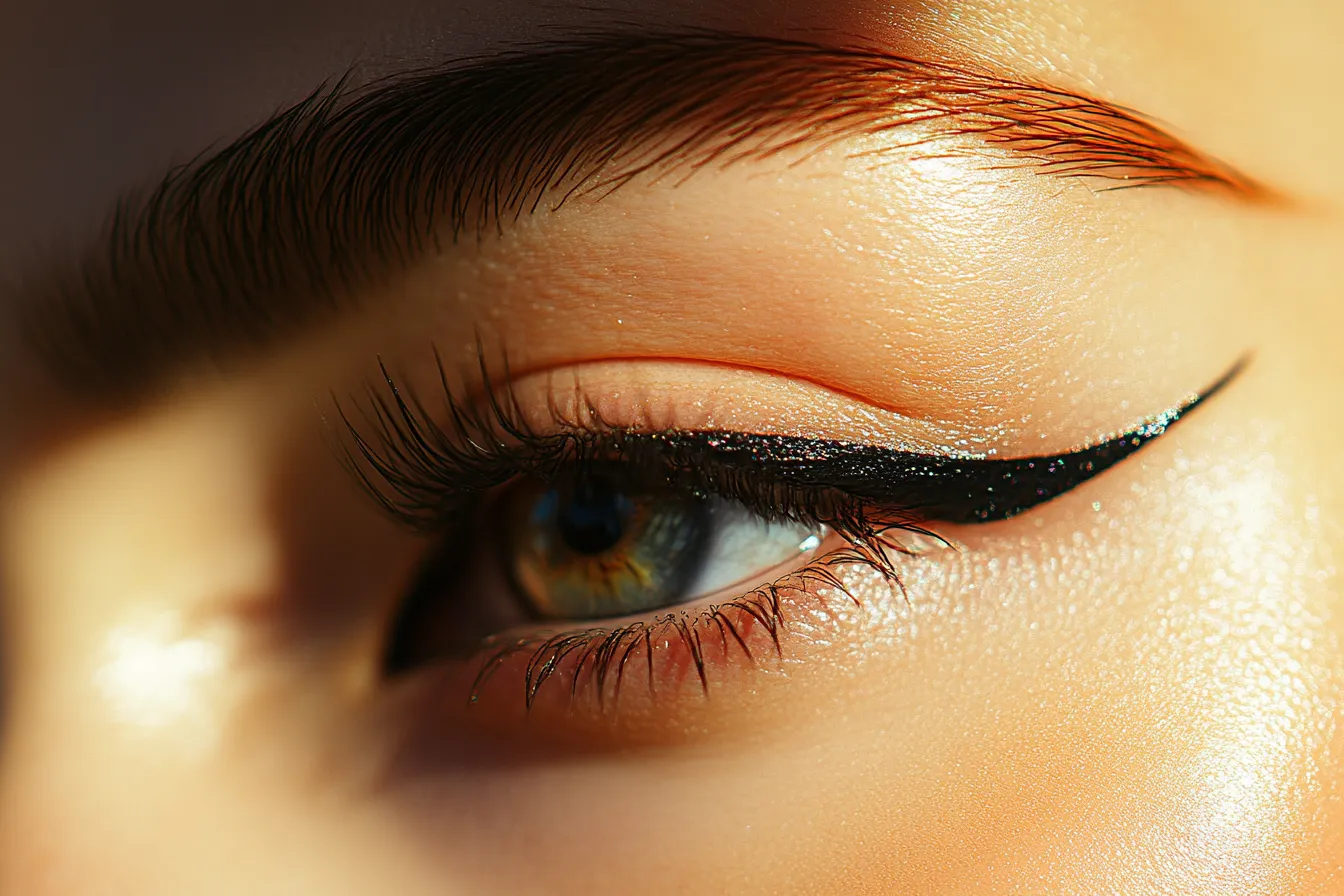 Macro close-up of monolid eye with floating eyeliner that opens it up with precise upward wing above the fold