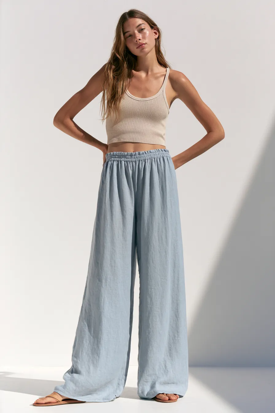 stylish light blue clothing combination for summer with neutral tones