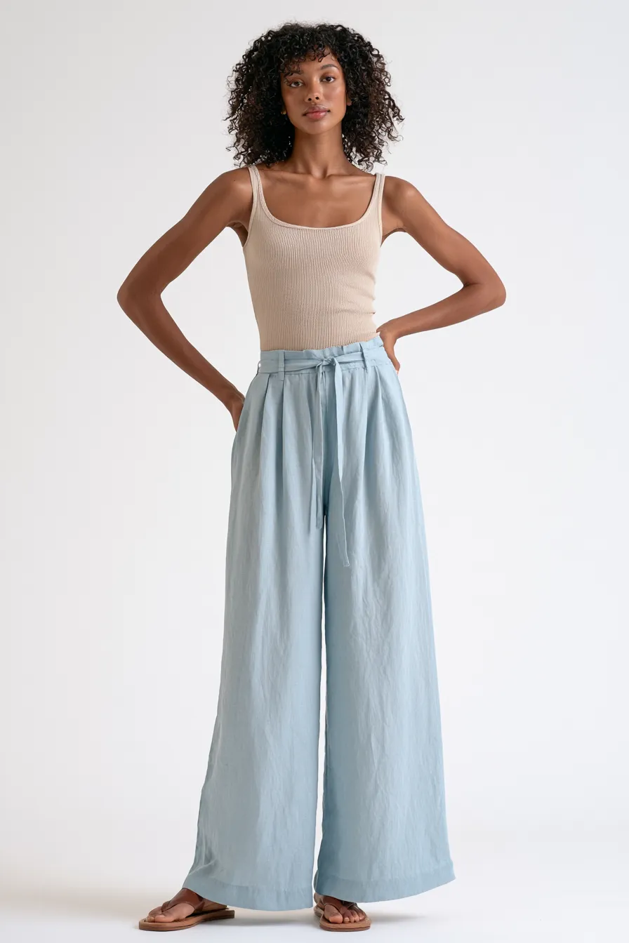 sky blue wide-leg trouser outfit as a light fashionable blue vacation look