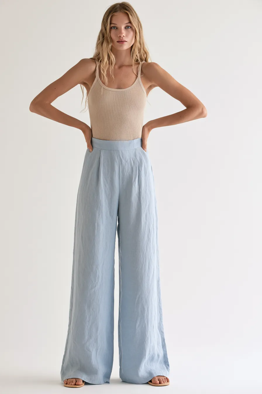 pale blue linen set outfit idea for women with beige tank top