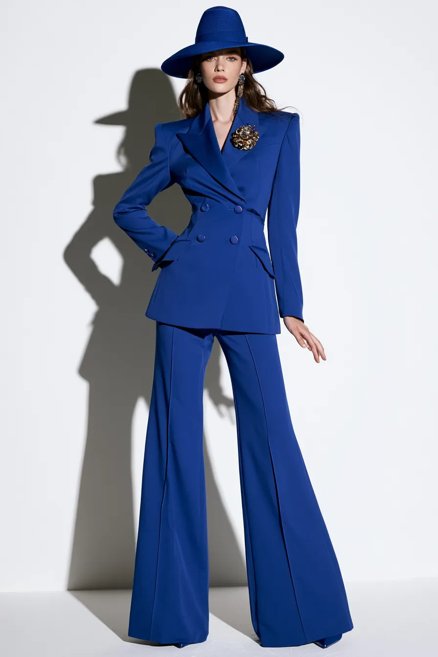 chic blue style idea with vintage brooch layers on cobalt blazer