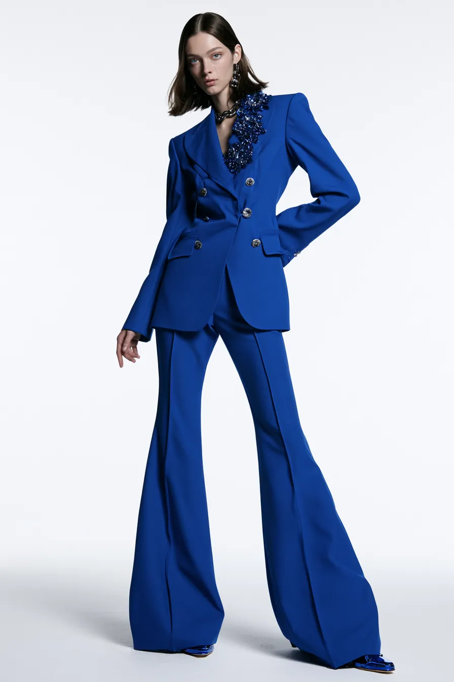 fashionable blue outfit with cobalt flared pants and brooch-layered blazer