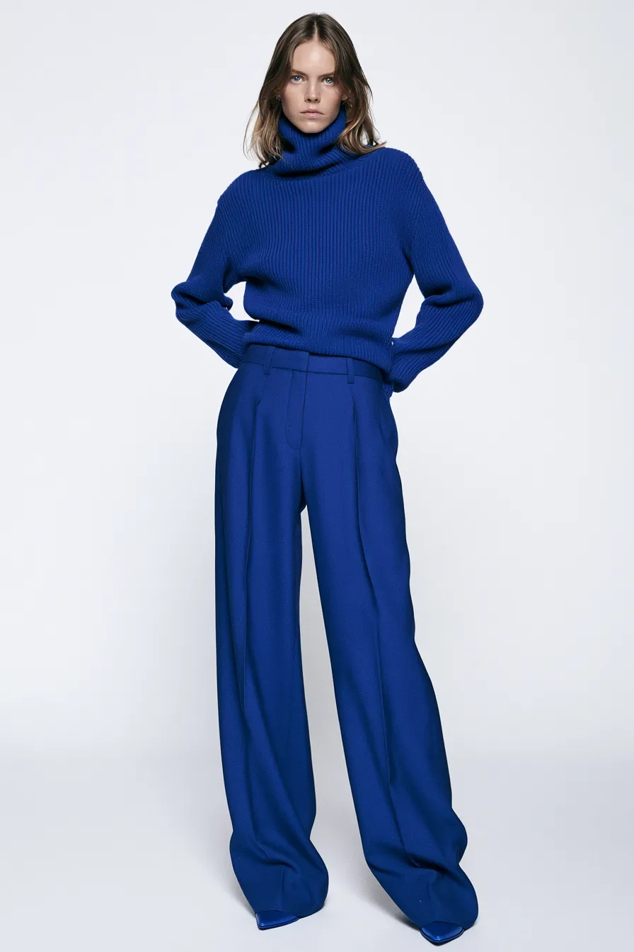 trendy fashionable blue ensemble with turtleneck and tailored pants
