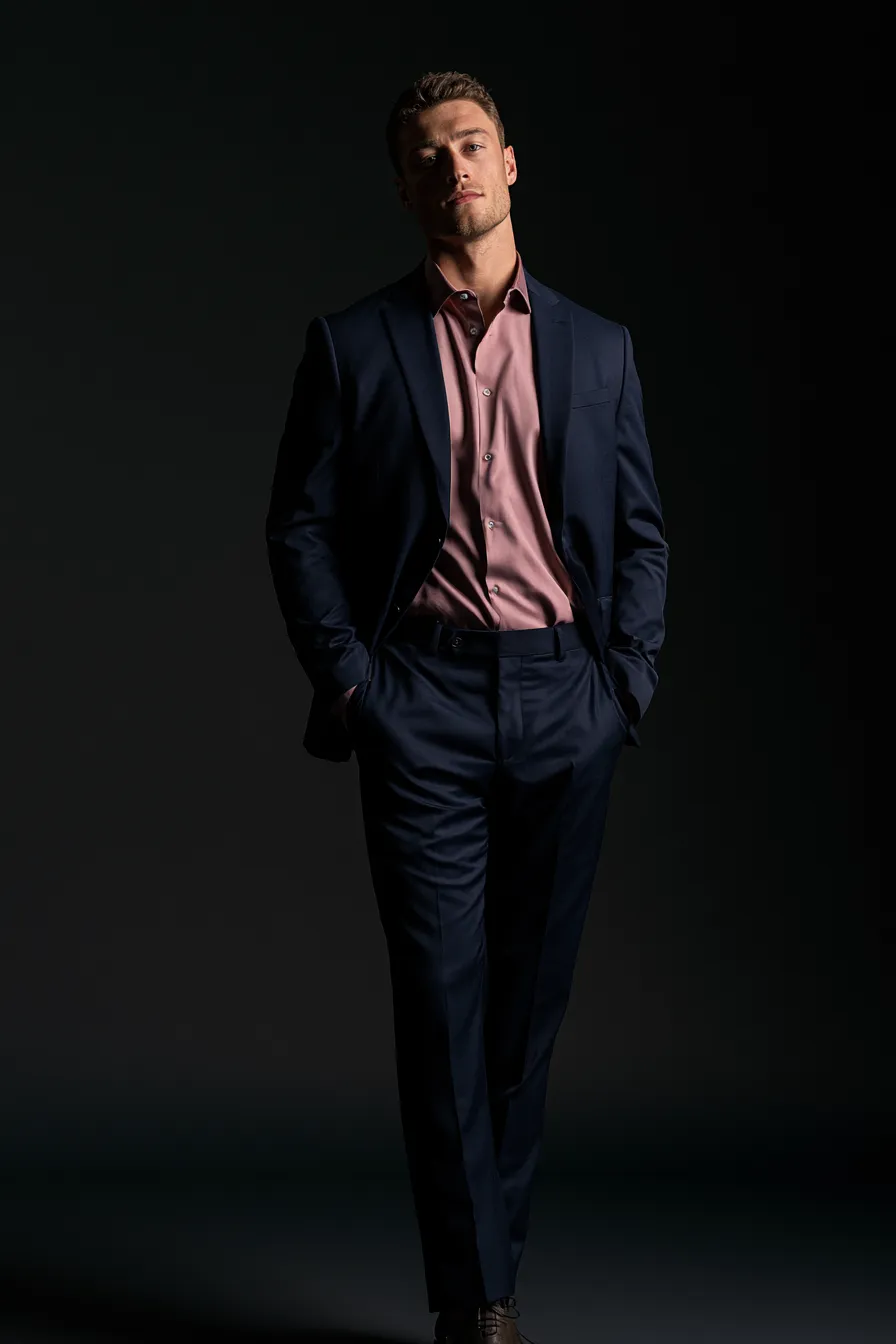 trendy blue ensemble for men in navy blazer styled for special occasion