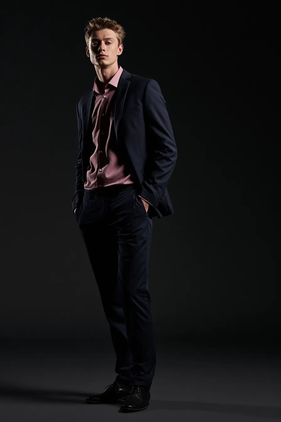 fashionable blue outfit for men featuring navy blazer and dusty pink shirt