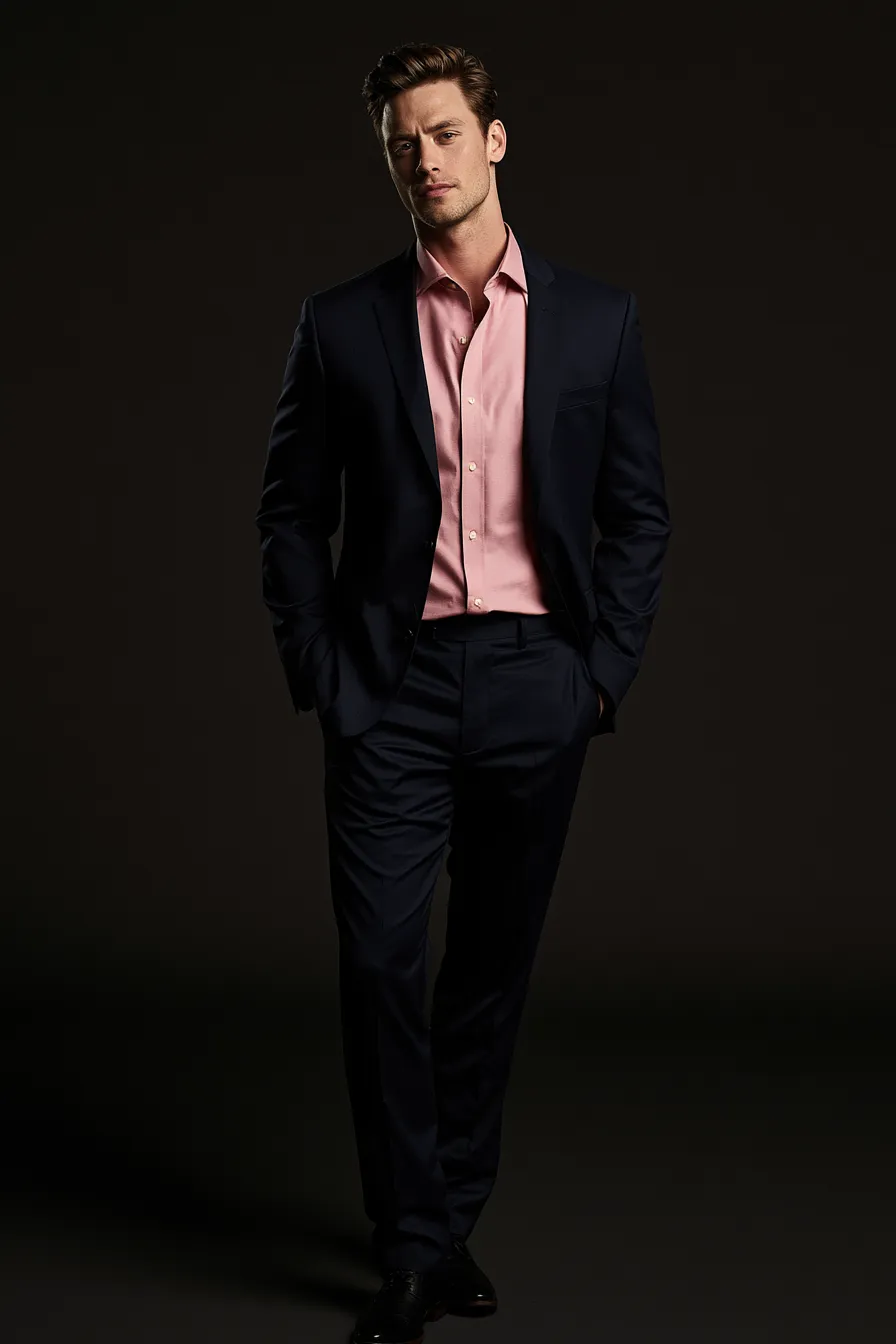 modern navy blue men's fashion look with contrast shirt for evening