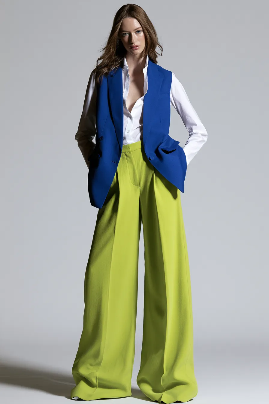 stylish blue and green clothing combination with white shirt base layer