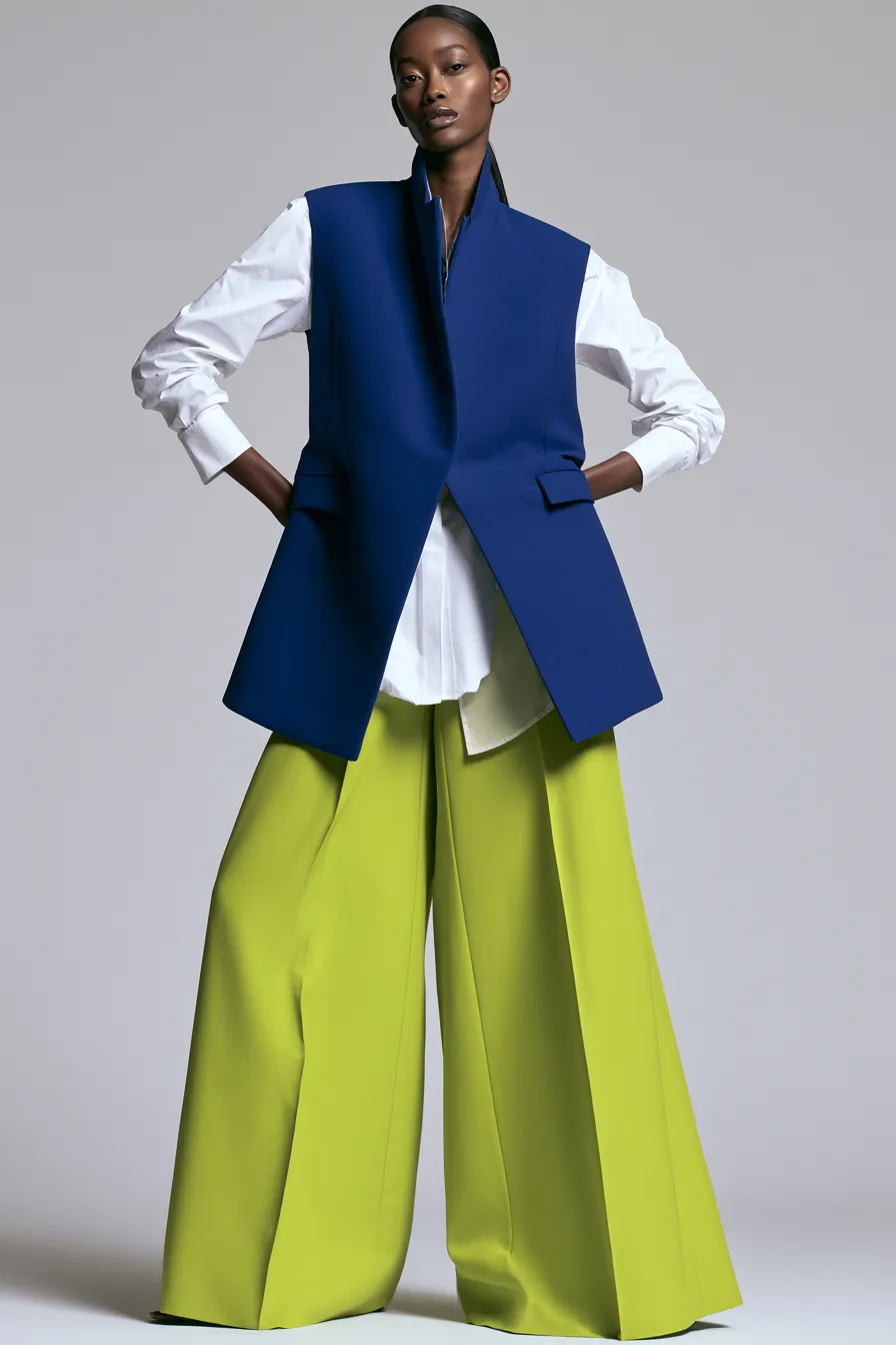 trendy blue ensemble with color-blocked vest and wide-leg trousers for women