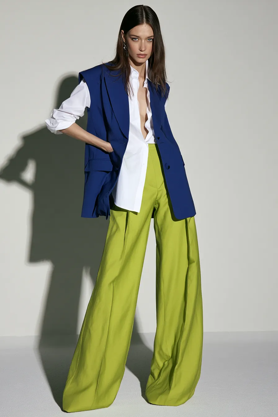 fashionable blue outfit with royal blue blazer vest and lime green trousers color block