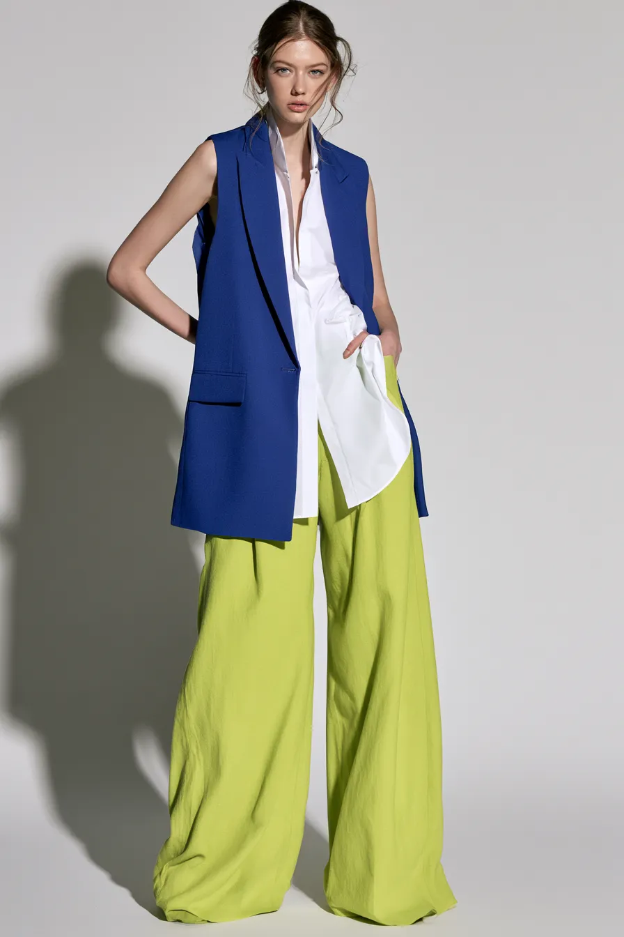 bold blue fashion look featuring cobalt vest and contrasting green pants