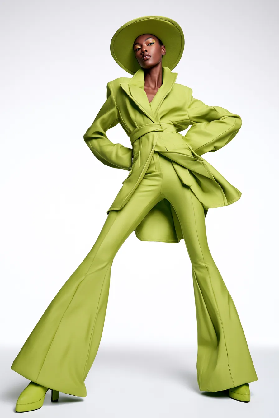 Catalog photo of chic head-to-toe green outfit on standing female model