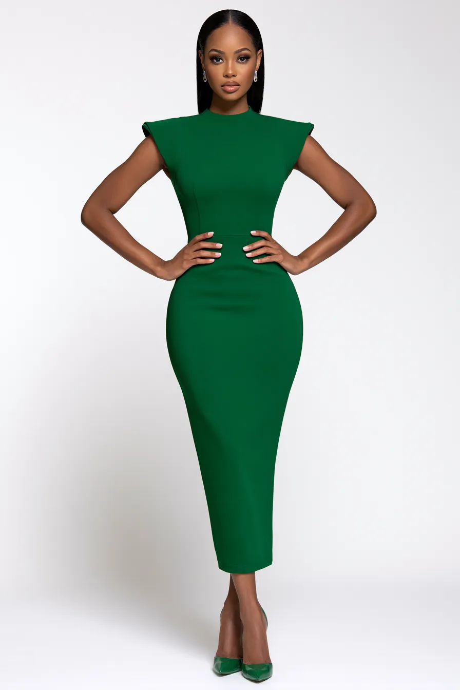 Elegant fashionable green dress look on standing model in editorial shoot