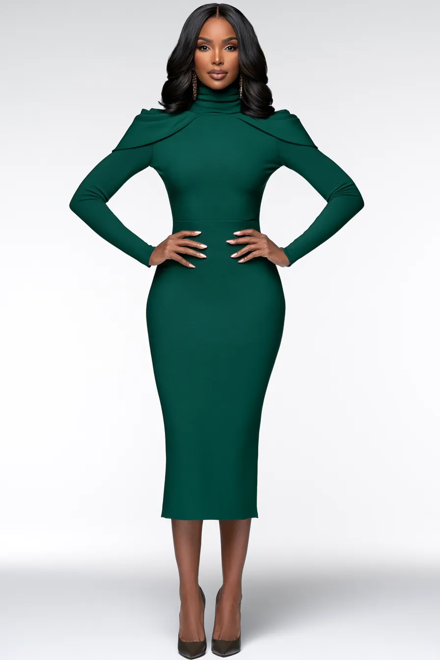Catalog photo of stylish green ensemble modeled in standing pose