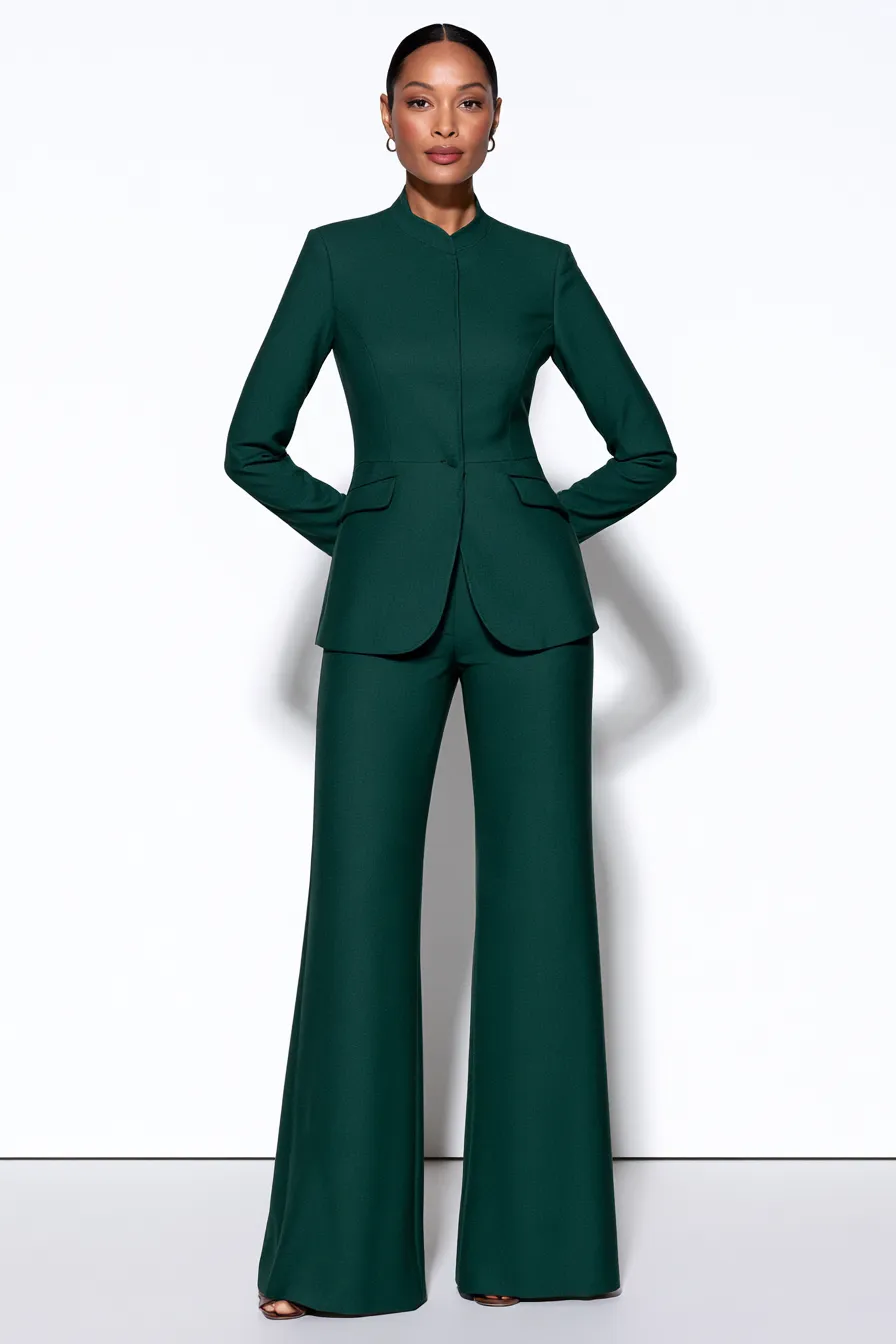 Catalog fashion shoot with model wearing stylish green coordinated suit