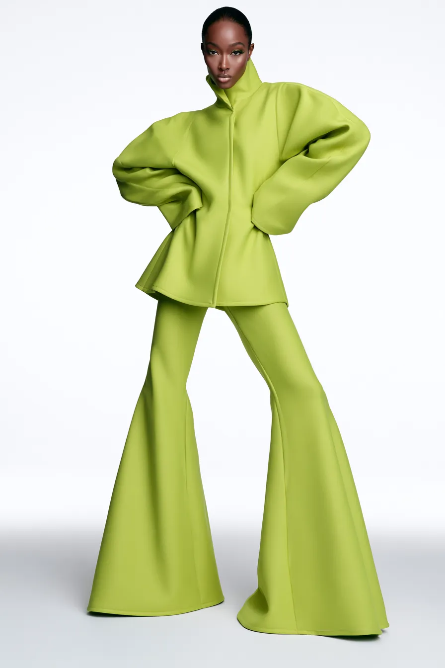 Studio shoot showcasing all-green trendy clothing on fashion model