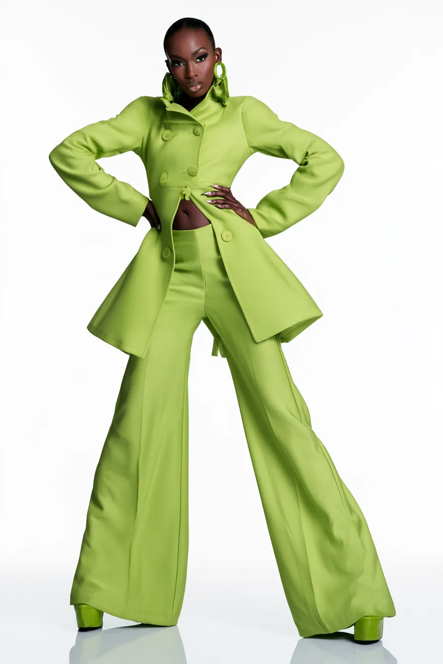 Editorial catalog image of model wearing bold fashionable green monochrome look