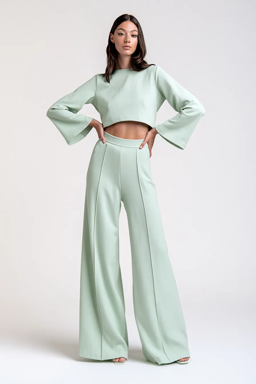 Catalog shoot of stylish green and white coordinated look on model
