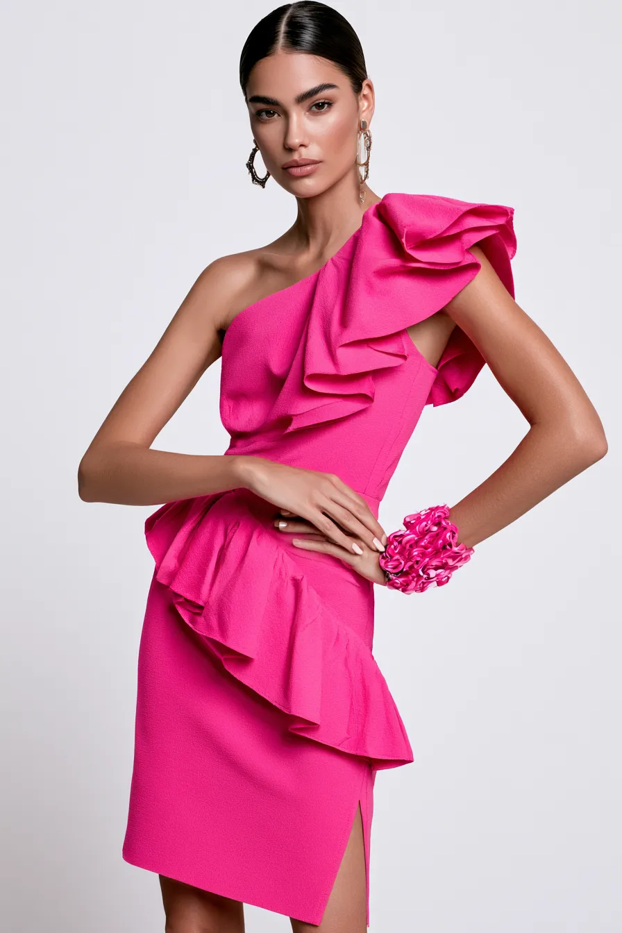 trendy pink clothing monochromatic look studio catalog standing pose