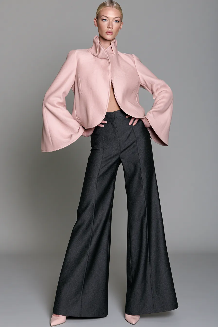 woman in blush pink blazer and charcoal wide-leg trousers studio catalog standing