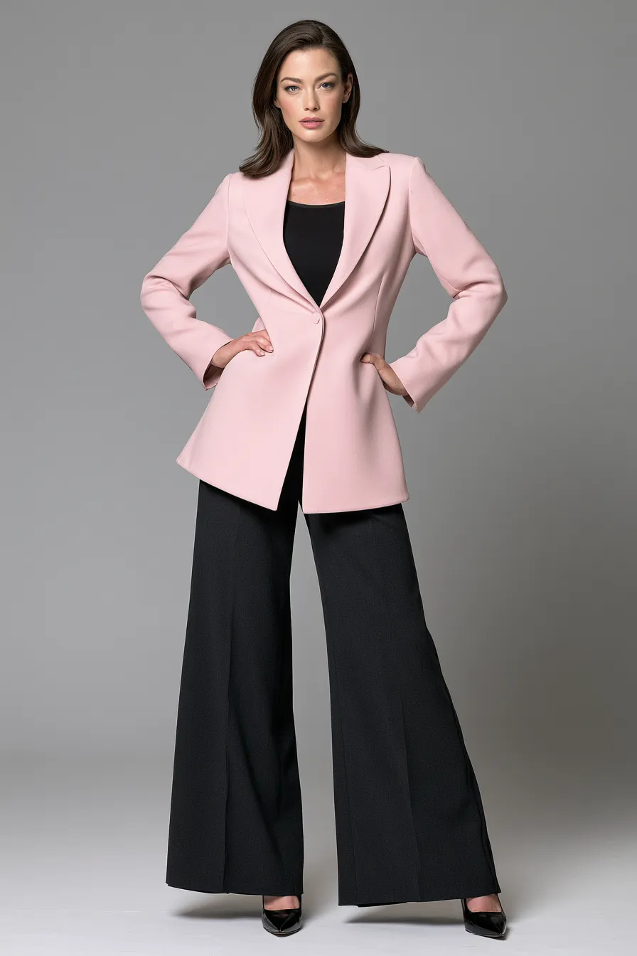 fashionable pink clothing blazer trousers set editorial standing pose woman