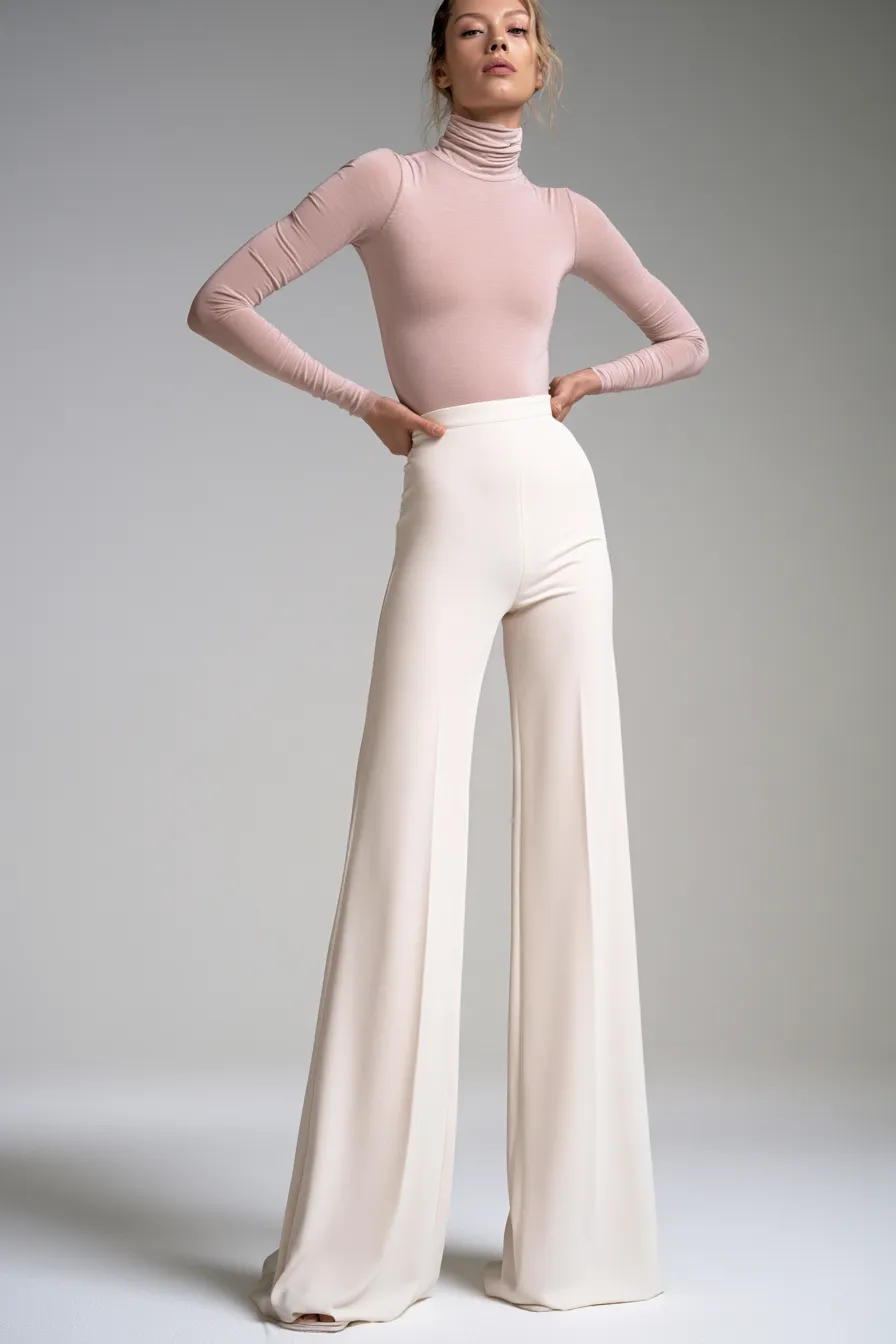 female model in pastel pink bodysuit and cream trousers studio catalog standing