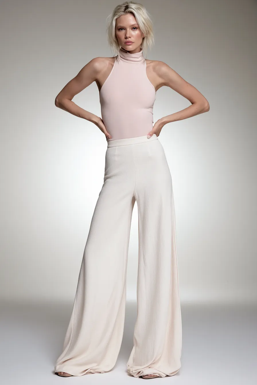 pink fashion outfit bodysuit wide-leg pants editorial studio photography