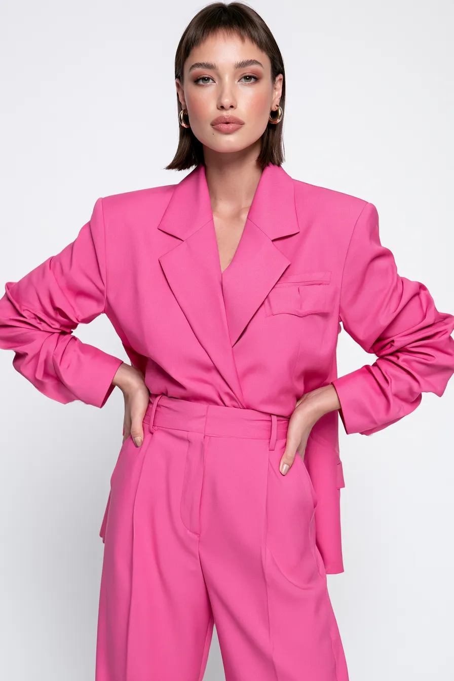  trendy pink fashion outfit styled for catalog standing pose editorial lighting