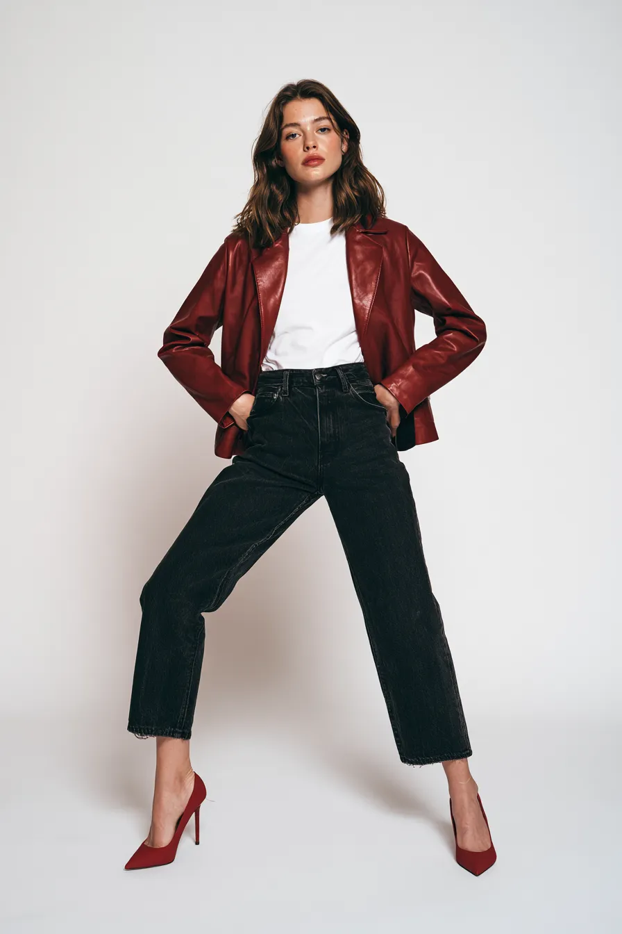 casual fashionable red look with leather jacket white tee and dark jeans