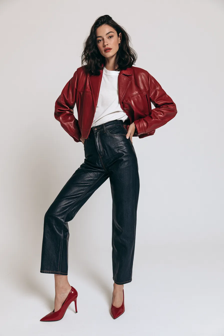 fashionable red leather jacket outfit styled over white tee and denim in studio