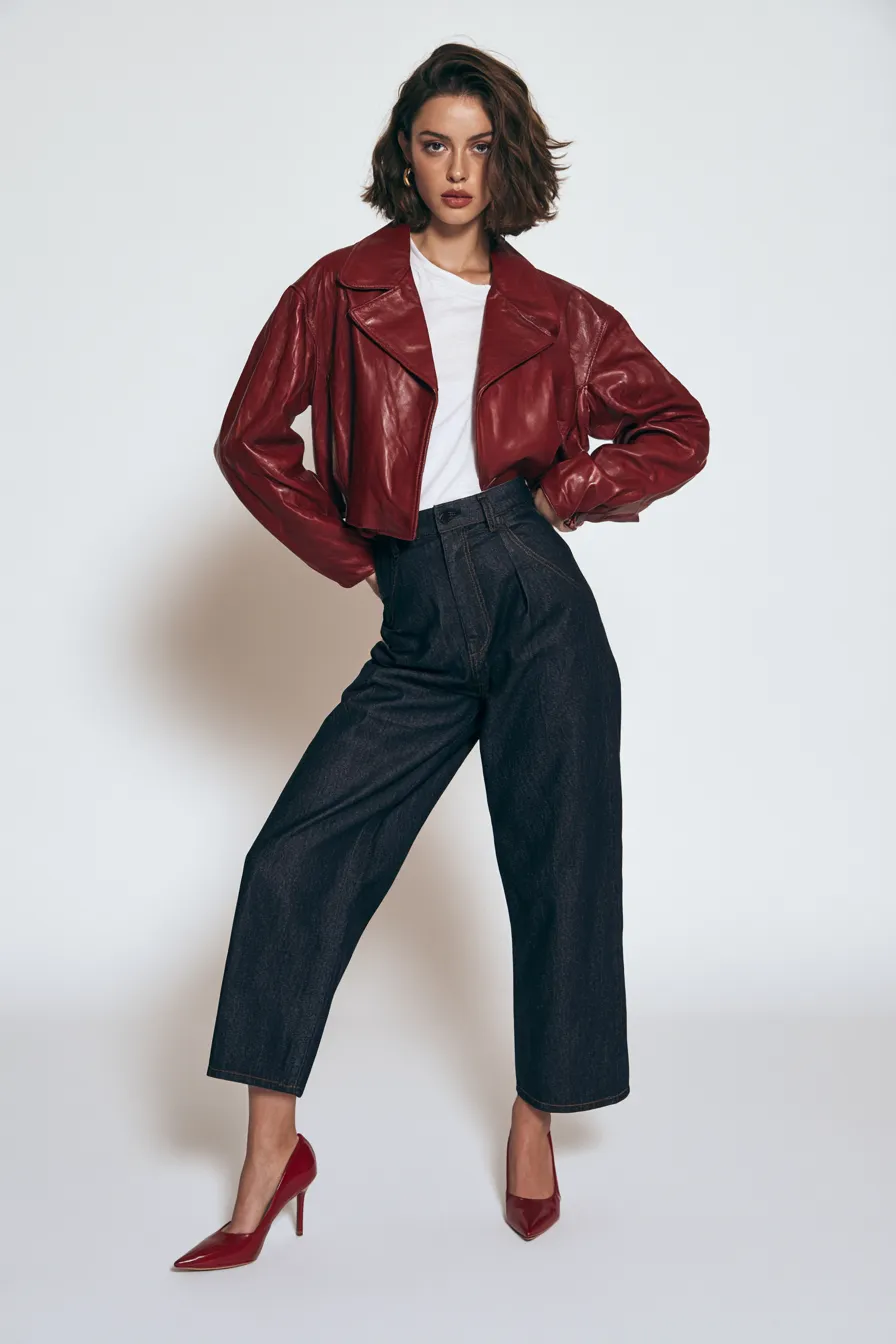 bold red jacket fashion look in a studio catalog shoot with denim and heels