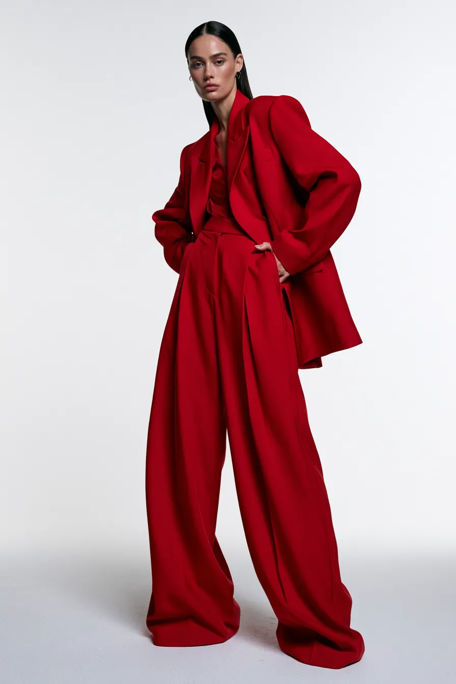 chic all red outfit idea featuring blazer and wide-leg trousers on model