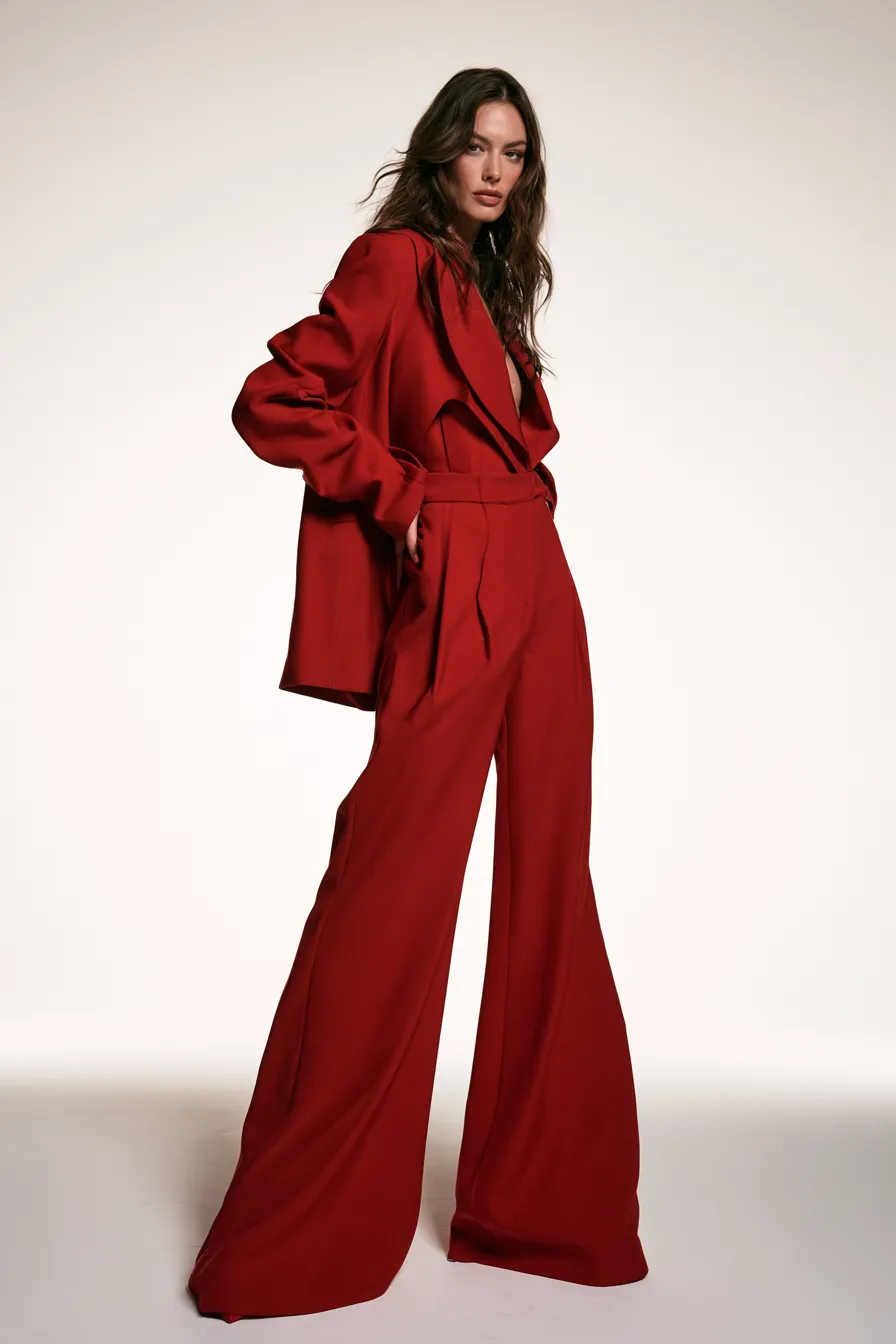 stylish red fashion outfit in a striking head-to-toe red monochrome look