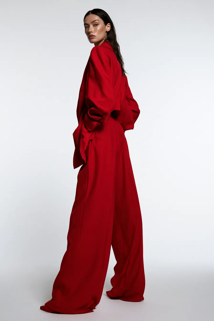 bold fashionable red blazer and wide-leg trouser set in studio catalog shoot