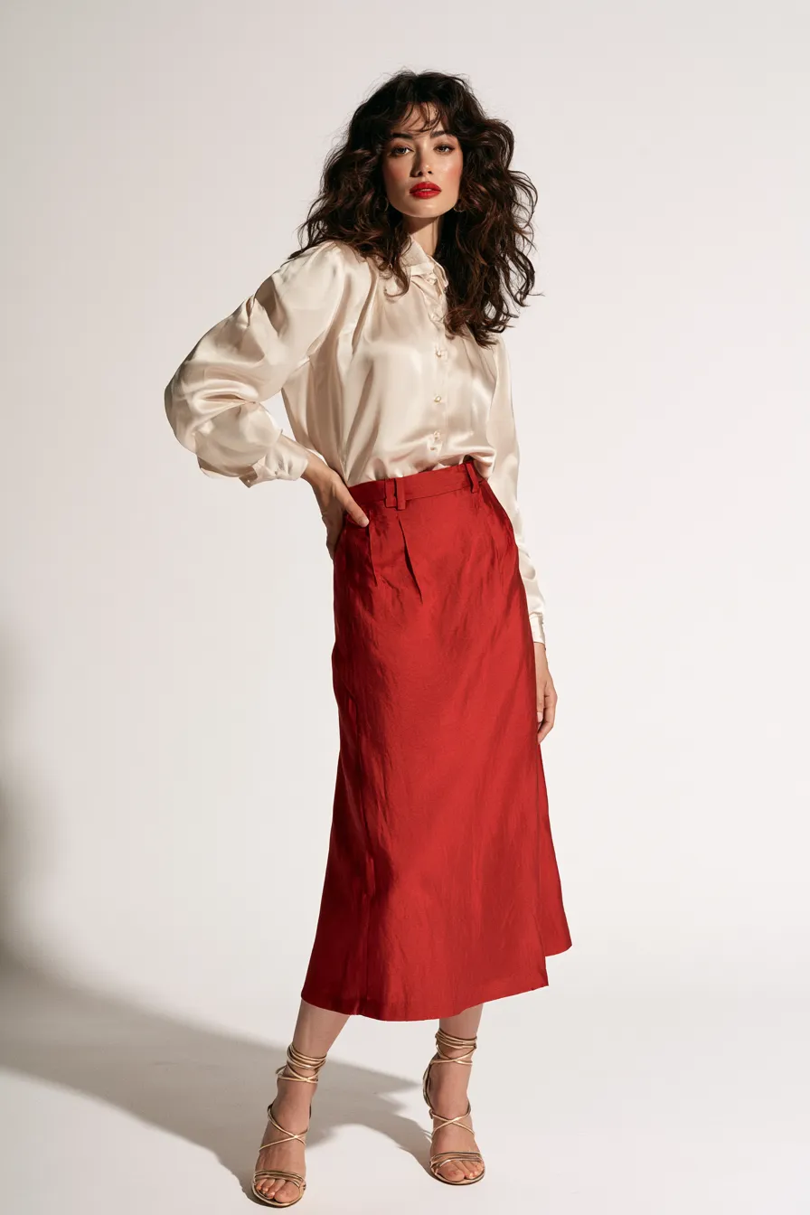 bold fashionable red midi skirt styled with neutral top for a polished look