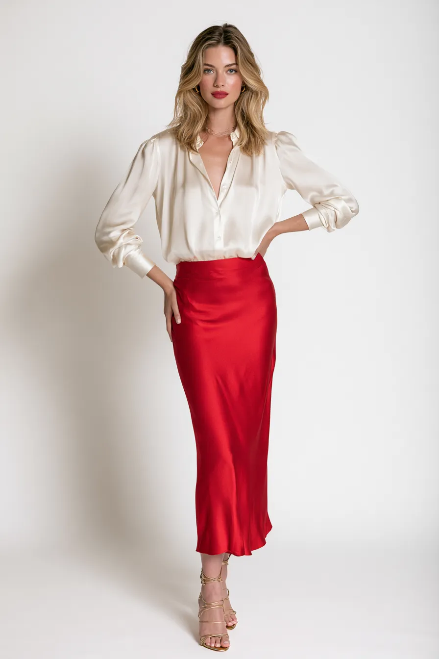 modern red fashion look with earth tone pairing on standing female model