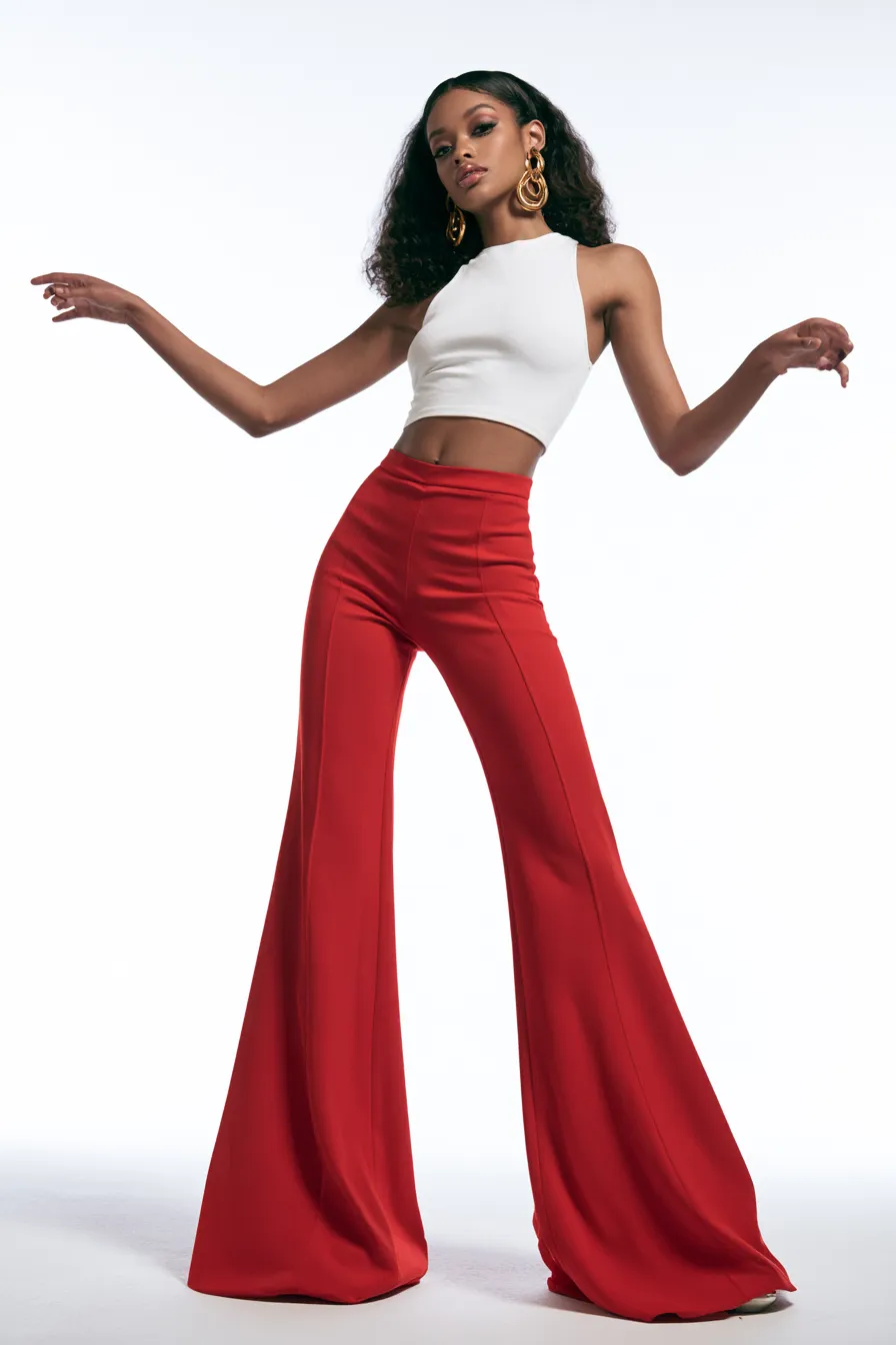fashionable red flared pants styled with white top in studio catalog shoot
