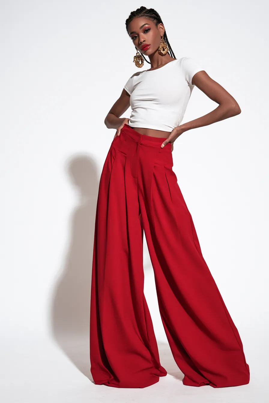 bold red fashion outfit with gold accessories for a festival ready look