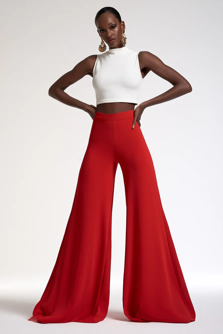 stylish red outfit idea featuring flared trousers in editorial studio photography