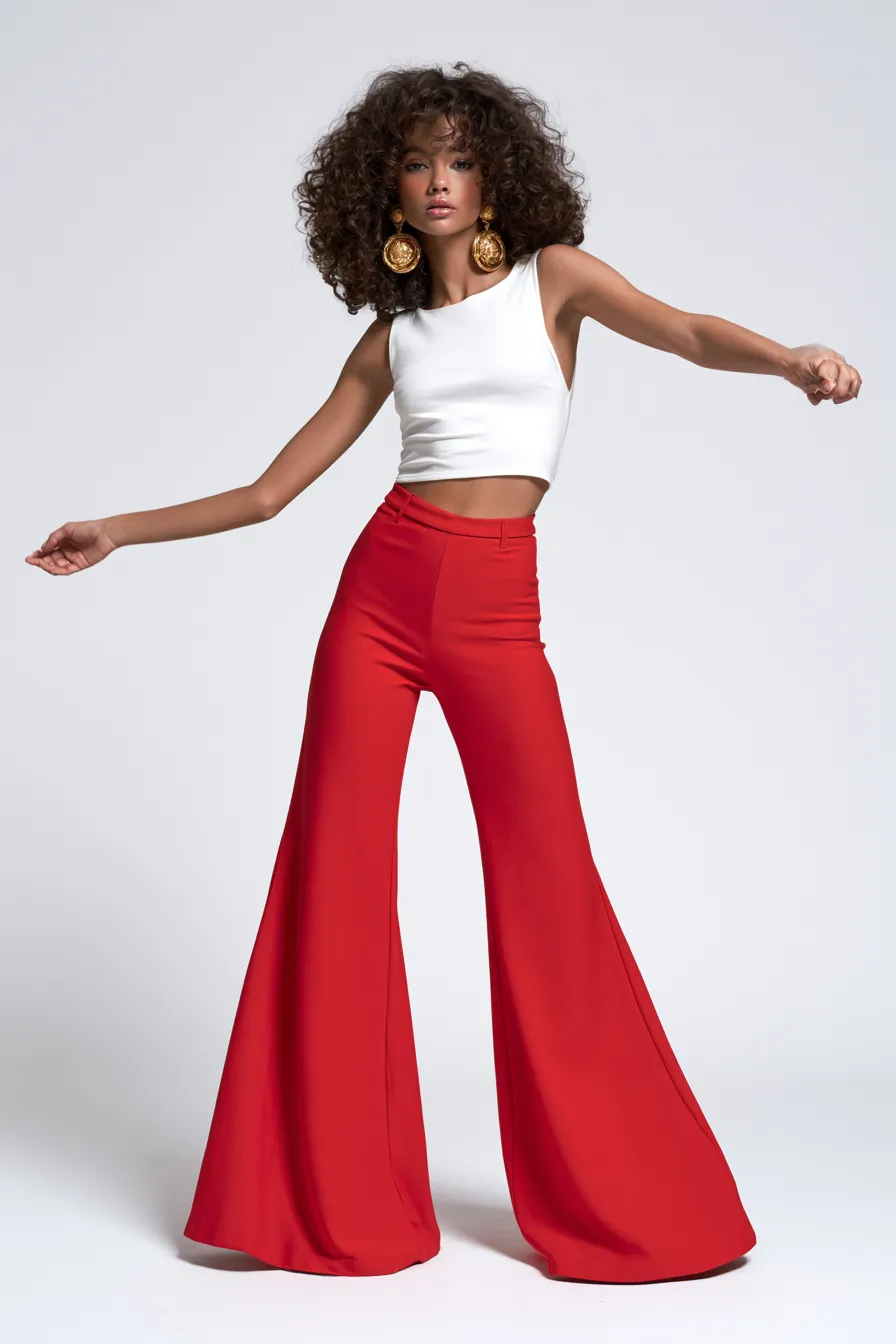 fashionable red and white combination with flared pants standing studio pose