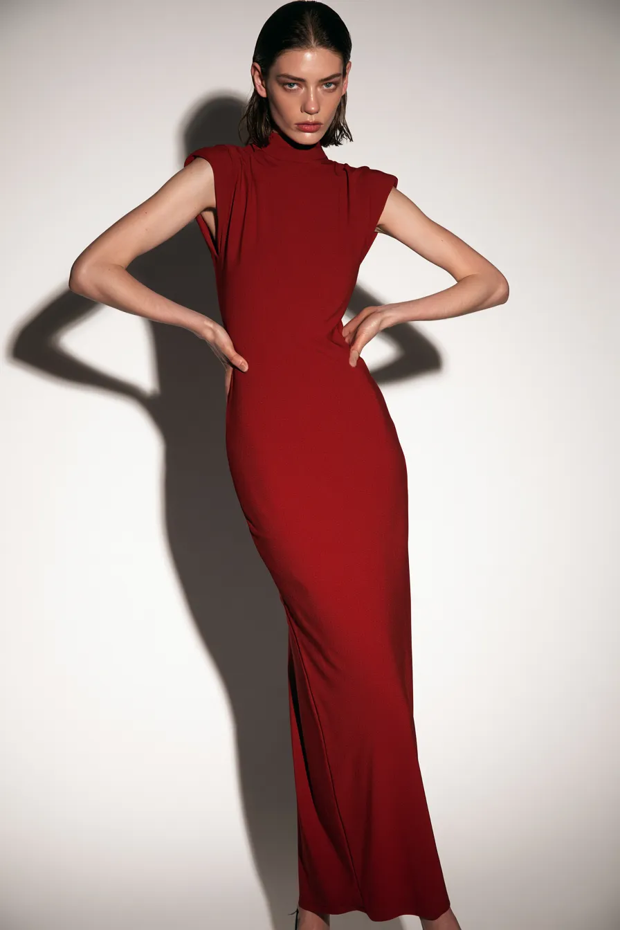 bold fashionable red midi dress styled for editorial fashion photography