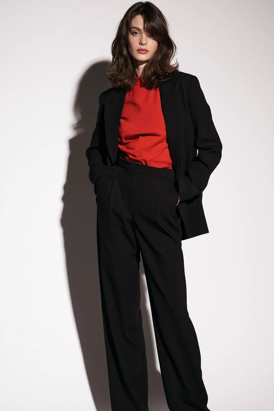 chic fashionable red outfit paired with black tailored pieces