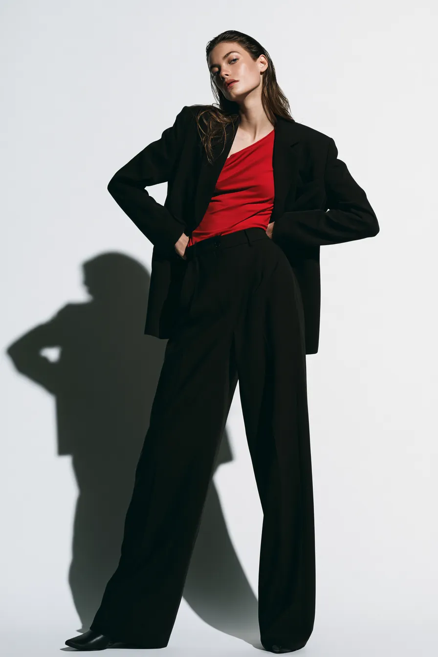 red bodysuit and black blazer styled for a bold fashionable red look